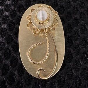 Handmade Gold Floral Brooch with Cat's Eye Cabochon Accent